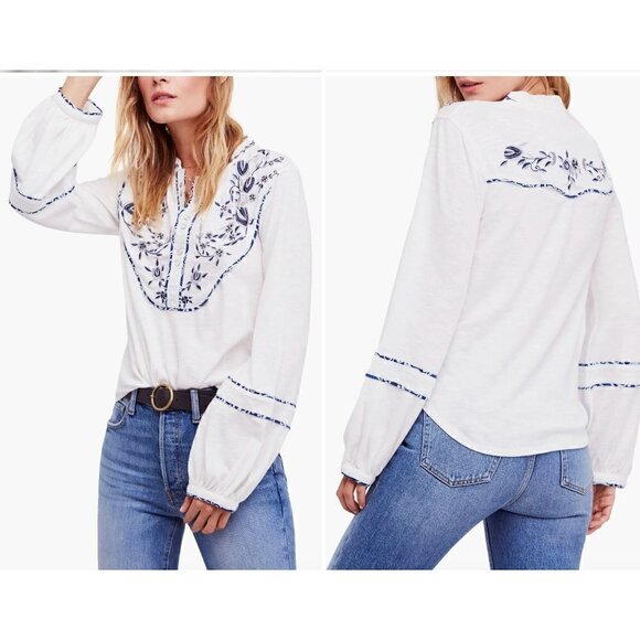 Free People Sundance Kid Embroidered White Jersey Henley Popover Top Small - Picture 2 of 9